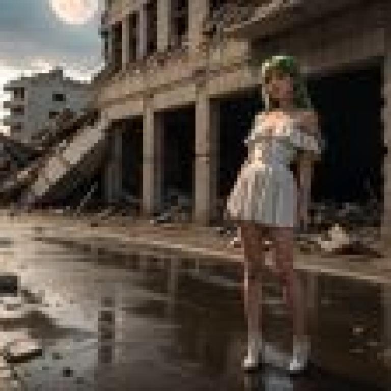 Free Download Beauty Wallpaper: Green-Haired Woman on Stage， Moonlit Background， Yoshida Chizuko's Solar Punk Album Cover， Retro Futurism