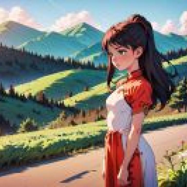 A Woman in a Red Dress Standing on a Road in Front of a Mountain Range with Trees and Flowers  Artgerm  rossdraws Global Illumination  a Painting  Cloisonnism