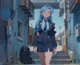 Anime beautiful girl figure， blue -haired street roaming -suit jacket beauty， city street tablecloth free download