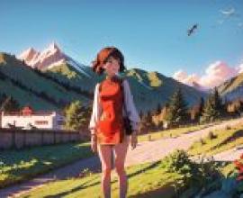 一位身穿紅色連衣裙的女性站在山丘上，背景中有一隻飛鳥和山脈，Atey Ghailan、Stanley Artgerm Lau，精細的啞光畫，審美主義