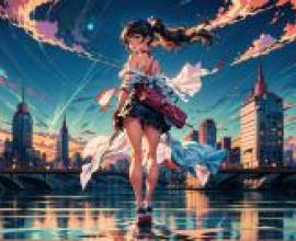 Anime beautiful girl， free download of Night City River tablecloth