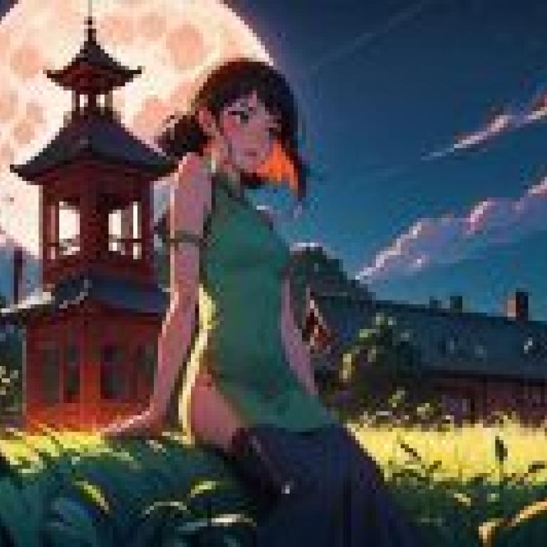 一名身穿綠裙的女子坐在滿月和建築物前的草坪上，Atey Ghailan，動畫藝術，一幅動畫畫作，奇幻藝術