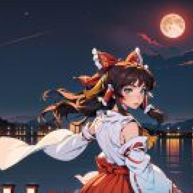 Anime beauties， Oriental Project， Bolling Dream， full moon on the waterfront: Bolling Dream Night， Bai Wind Back Yue Qian， AI-Mitsus official art night， ukiyo-e feelings are empty.