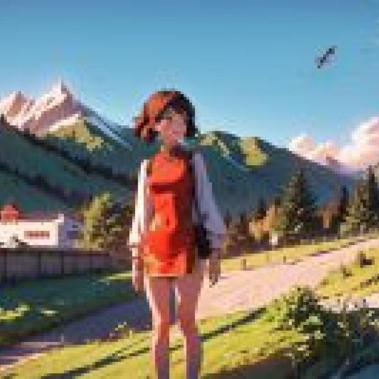 一位身穿紅色連衣裙的女性站在山丘上，背景中有一隻飛鳥和山脈，Atey Ghailan、Stanley Artgerm Lau，精細的啞光畫，審美主義