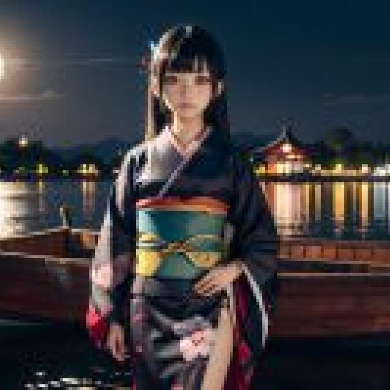 Live anime， hell girl， Yan Moai， kimono， beautiful lake， night dream sculpture