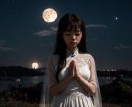 Woman in a White Dress Beneath the Full Moon - Artistic Stock Photography