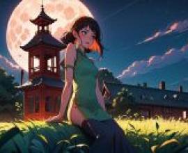 一名身穿綠裙的女子坐在滿月和建築物前的草坪上，Atey Ghailan，動畫藝術，一幅動畫畫作，奇幻藝術