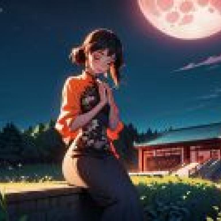 A Woman Sitting on a Wall in Front of a Full Moon and a Building with a Red Roof and a Red Lantern  Atey Ghailan  Anime Art  Fantasy Art