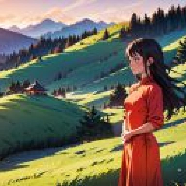 穿著紅色裙子的女子站在有山脈和遠處房屋的田野中，Atey Ghailan，動畫藝術，精緻的蜜糖畫，克洛瓦主義