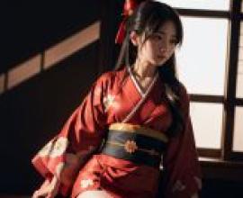 Women's red kimono in front of the window， download the flower tone for free tablecloths