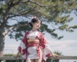 Beauty of kimono: black hair and baby dance full of branches