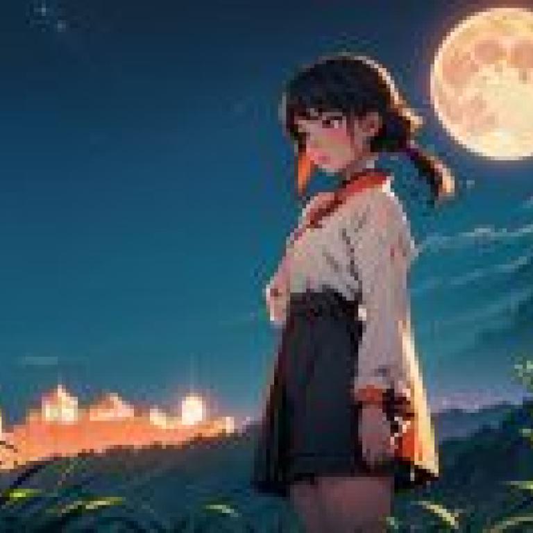 A Girl Standing in a Field with a Full Moon in the Background and a Castle in the Distance  Atey Ghailan  Anime Art  an Anime Drawing  Romanticism