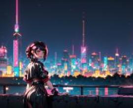 Anime beautiful girl figure， pink night light city —Tey ghailan night scene anime beautiful girl， balcony Chinese tablecloth free download