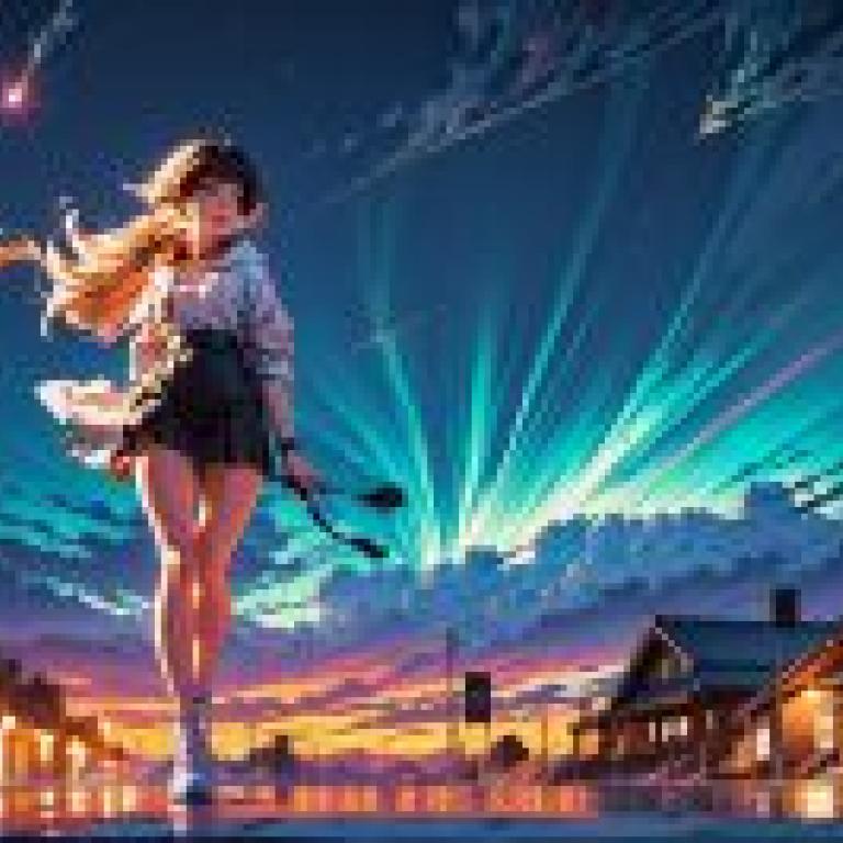 Anime beautiful girls， stroll with heart: free download of tablecloths， girls who hold on the street with a crutch， bright sky.