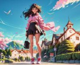 Anime beautiful girl figure， free download of street strolling pink sky tablecloth