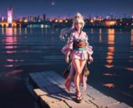 Anime beautiful girl， City Night Pier tablecloth free download