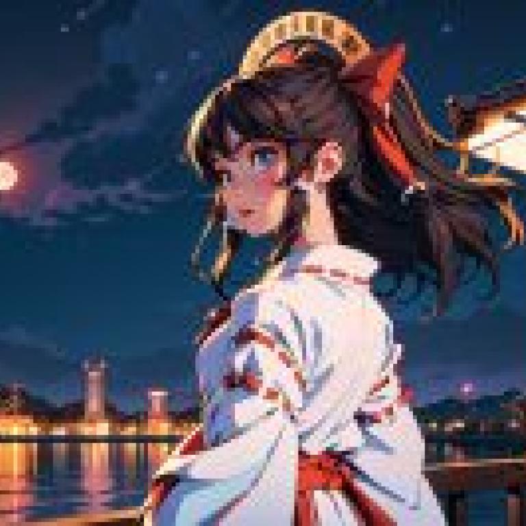 Anime Beauty， Oriental Project， Boli Lingmeng， Moon Night Wonderland: Bolling Dream wears a white skirt， the moonlight moonlight is full of sky， anime art is glorious， ukiyo-e dreams.