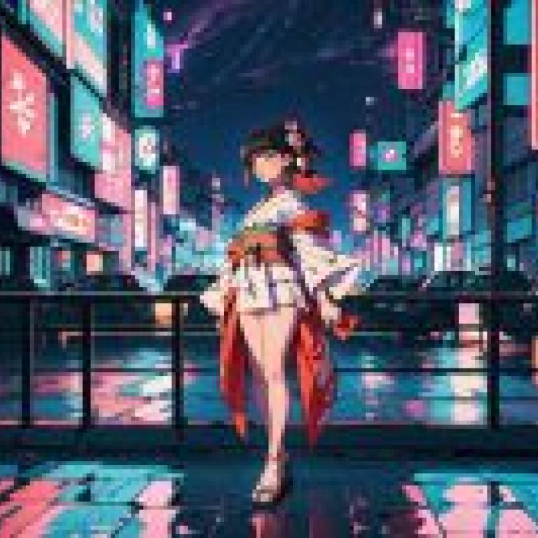 Anime beautiful girls， night walk and wind: free download of tablecloths， women wearing kimono walks in the city at night， synthetic Cyber ​​Punk art.