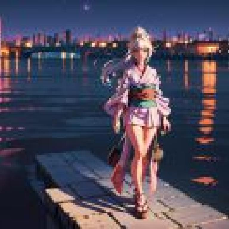Anime beautiful girl， City Night Pier tablecloth free download