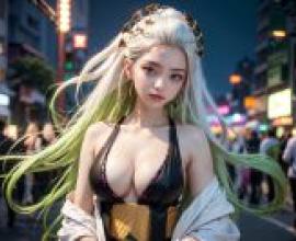 The blade of ghosts swims in Guo， live -action version， falling girl， golden and black night walk: live -action fall， blonde black bra womens night city， du qion cosplay cyberpunk night beauty.