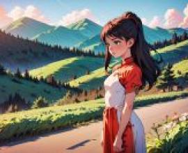 A Woman in a Red Dress Standing on a Road in Front of a Mountain Range with Trees and Flowers  Artgerm  rossdraws Global Illumination  a Painting  Cloisonnism