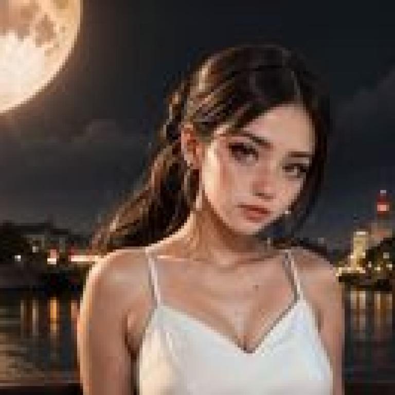 Free Download Beauty Wallpaper: White Gowned Woman by the Waterside under the Full Moon， A Realistic Painting by Elina Karimova and Sakimichan， New Romanticism